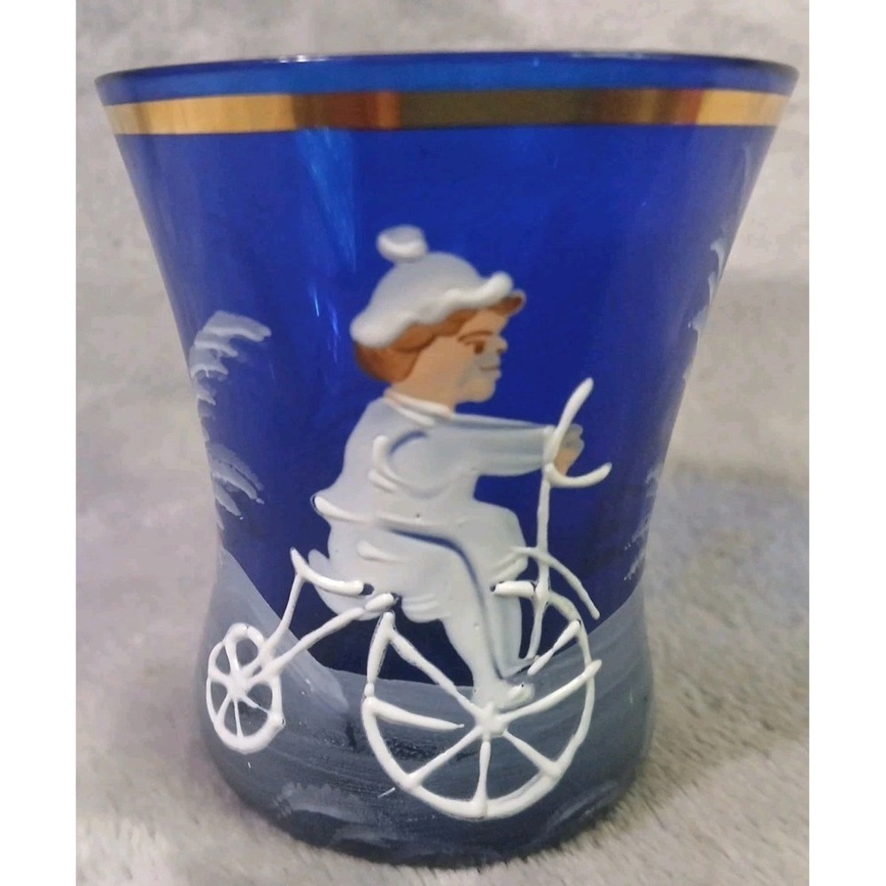Vtg Mary Gregory Toothpick Holder Cobalt Blue Glass‎ Child Bicycle Hand Painted